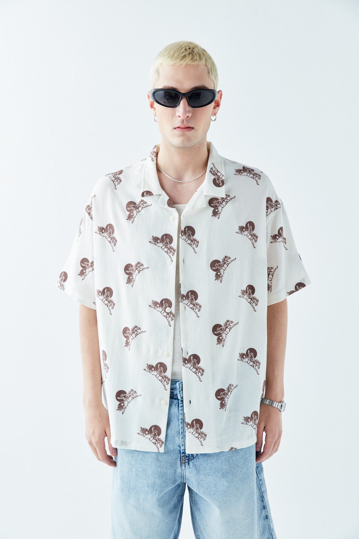 Patterned Short-Sleeve Oversized Shirt