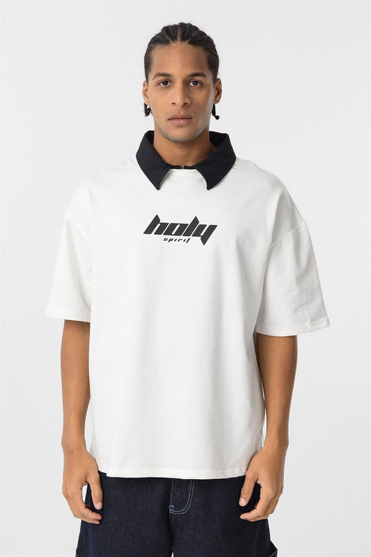 Oversized Printed T-Shirt with a Polo Collar