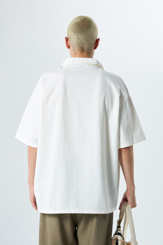 Short-Sleeved Oversized Linen Shirt with Embroidered Details