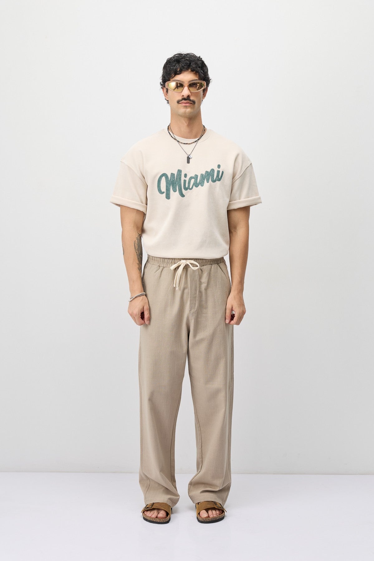 Lace-Up Baggy-Fit Linen Pants