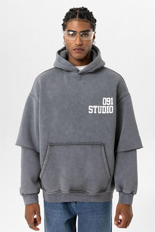 Oversized Hooded Sweatshirt with Double-Sleeve Detail (Washed)