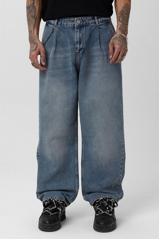 Pleated Baggy Jeans with Chain Accents