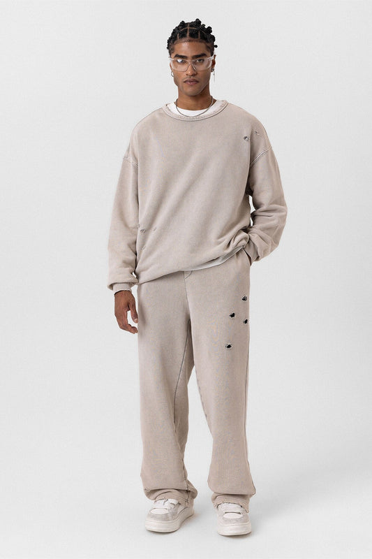 Premium Washed Oversized Sweatsuit Set with Ripped Details
