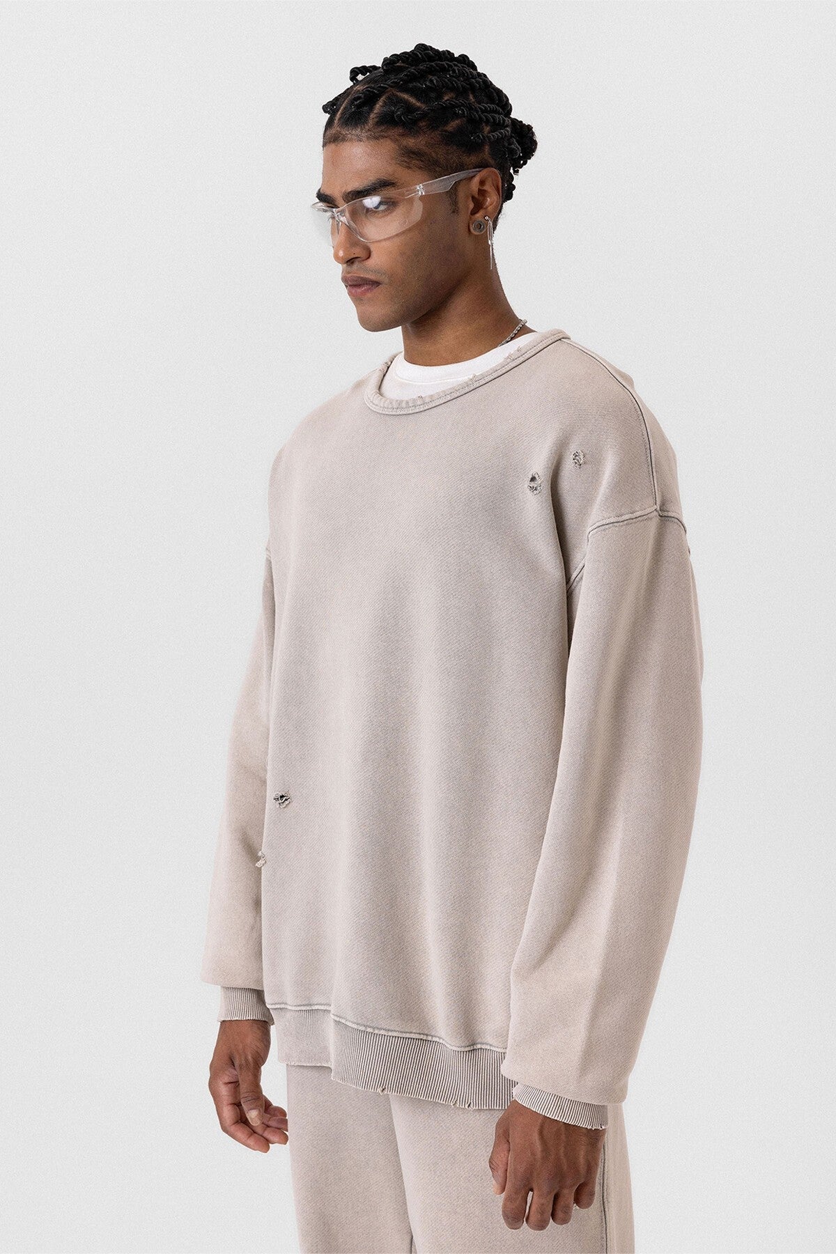 Premium Washed Oversized Sweatsuit Set with Ripped Details