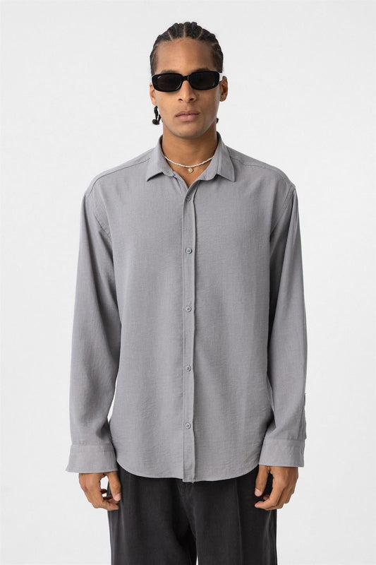 Basic Oversized Long-Sleeve Linen-Look Shirt
