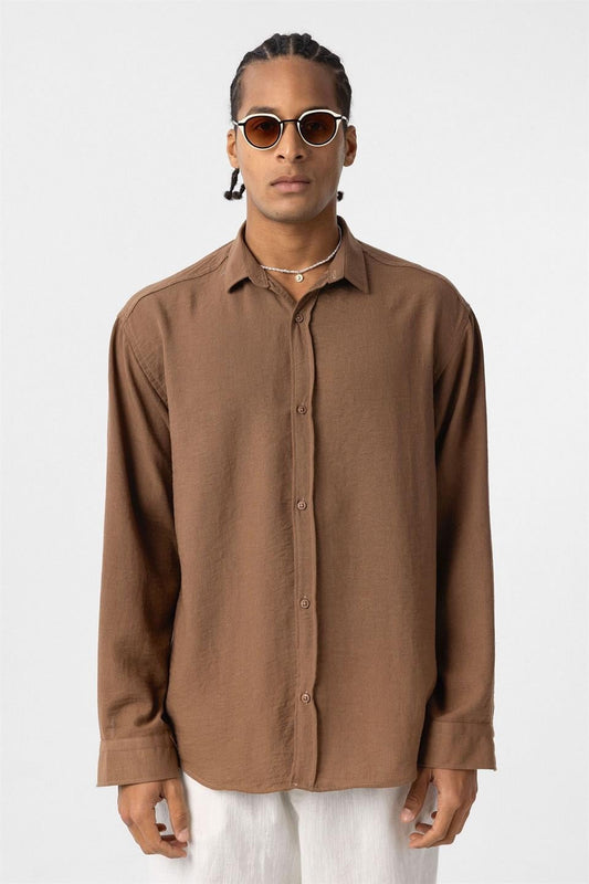 Basic Oversized Long-Sleeve Linen-Look Shirt