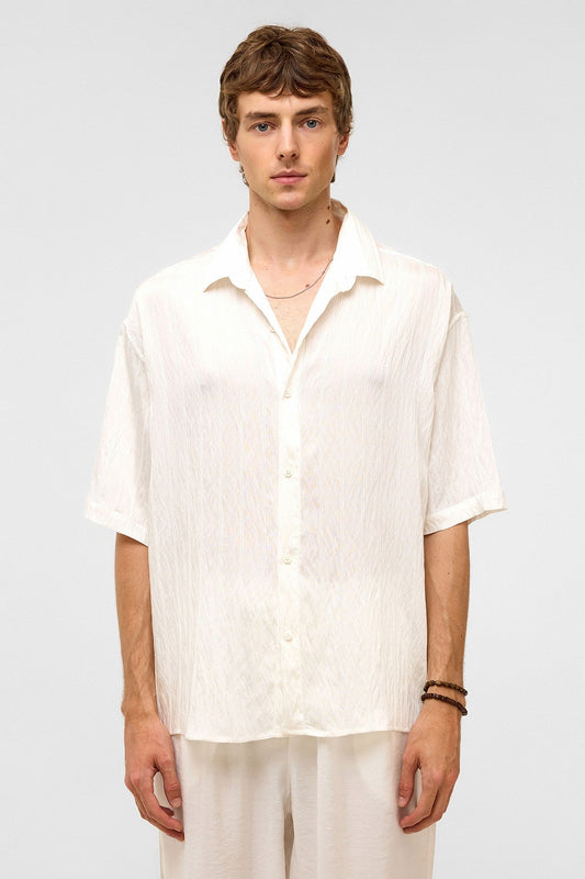 Oversized Striped Short-Sleeved Modal Shirt