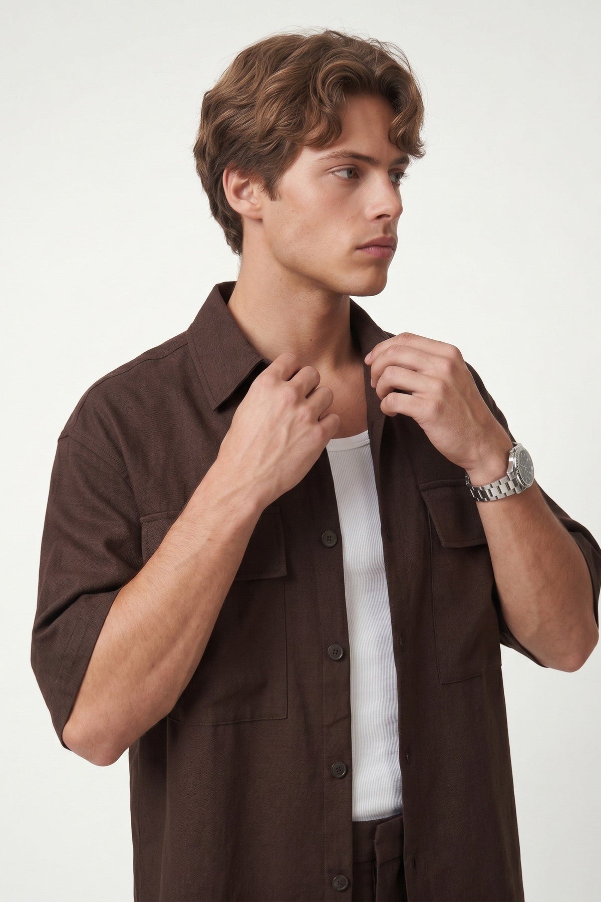 Oversized Stretch-Fabric Shirt with Pockets