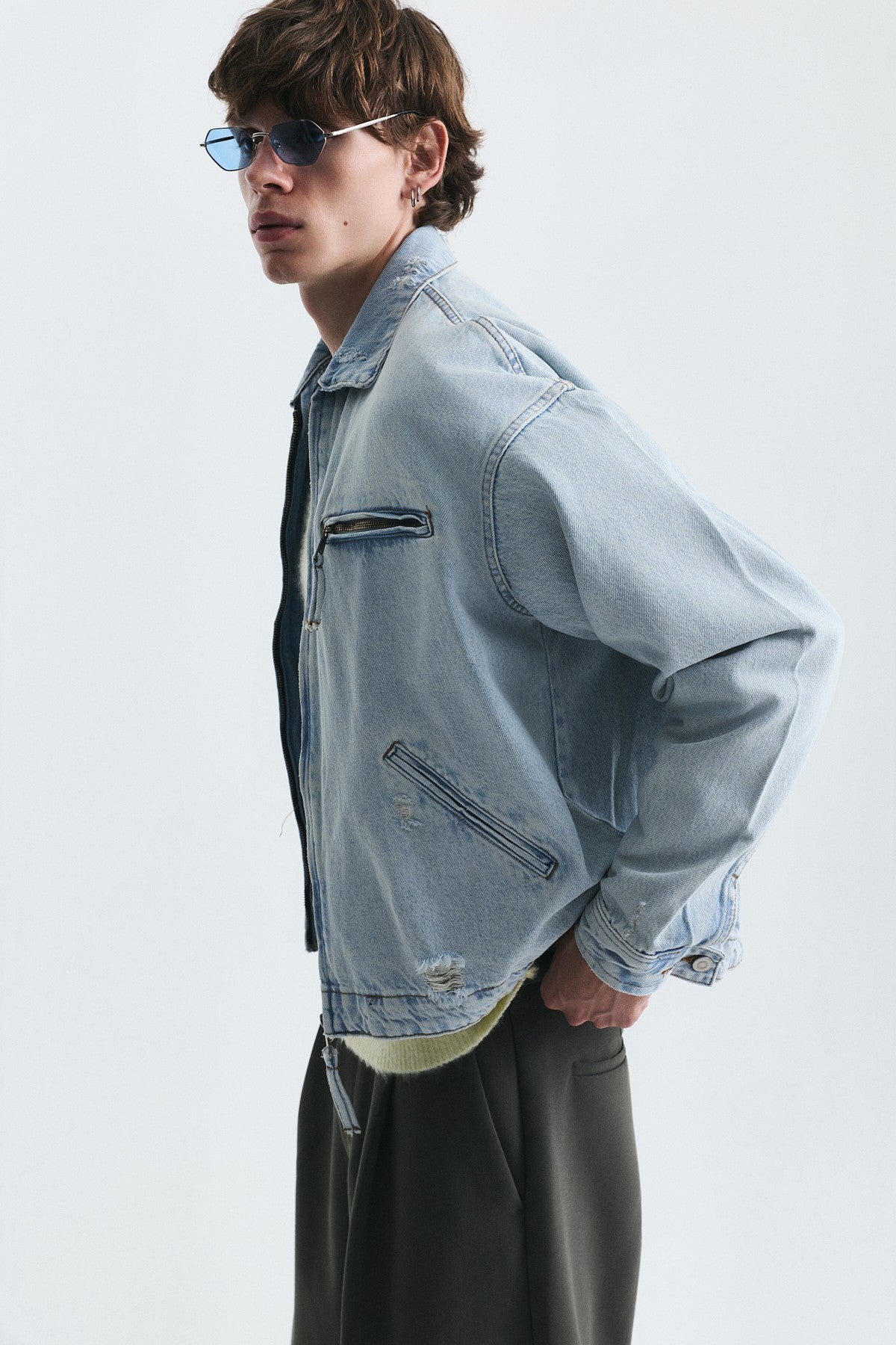 Oversized Zipper-Front Denim Jacket
