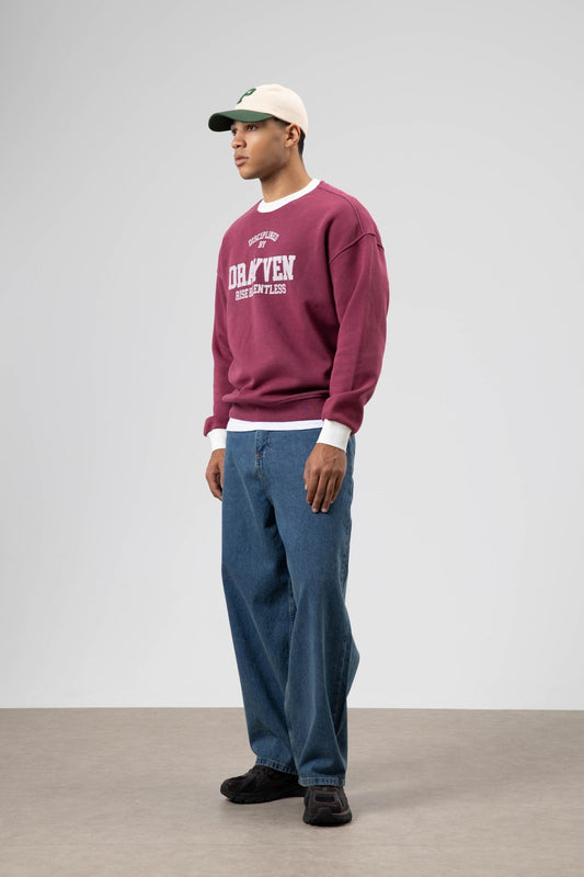 Oversized Bike Neck Print Sweatshirt, Burgundy