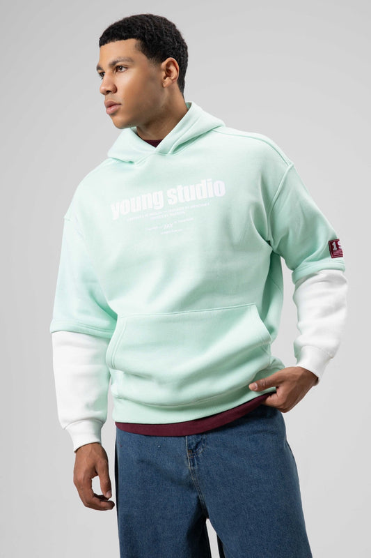 Oversized Printed Hooded Sweatshirt - Mint