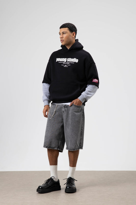 Oversized Printed Hooded Sweatshirt, Black