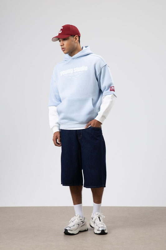 Oversized Printed Hooded Sweatshirt, Baby Blue