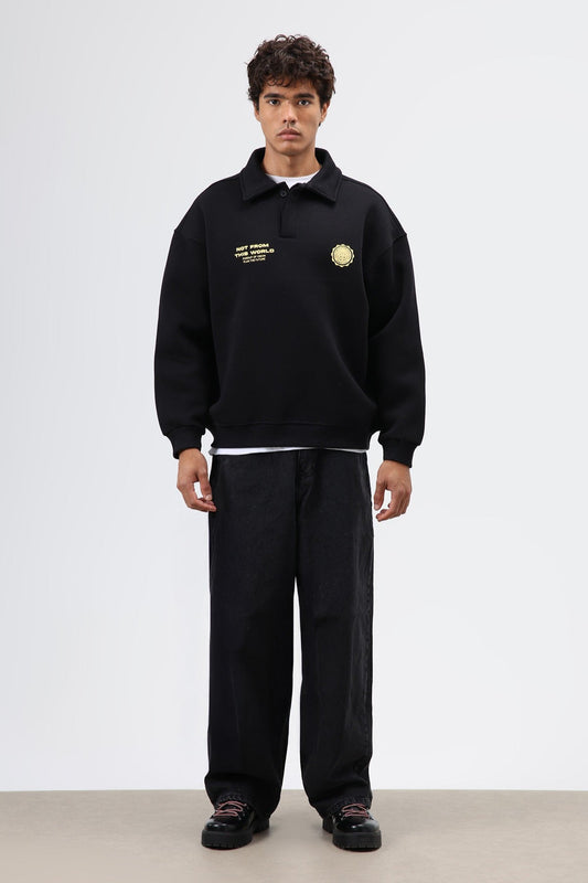 Oversized Printed Washed Sweatshirt with Polo Collar