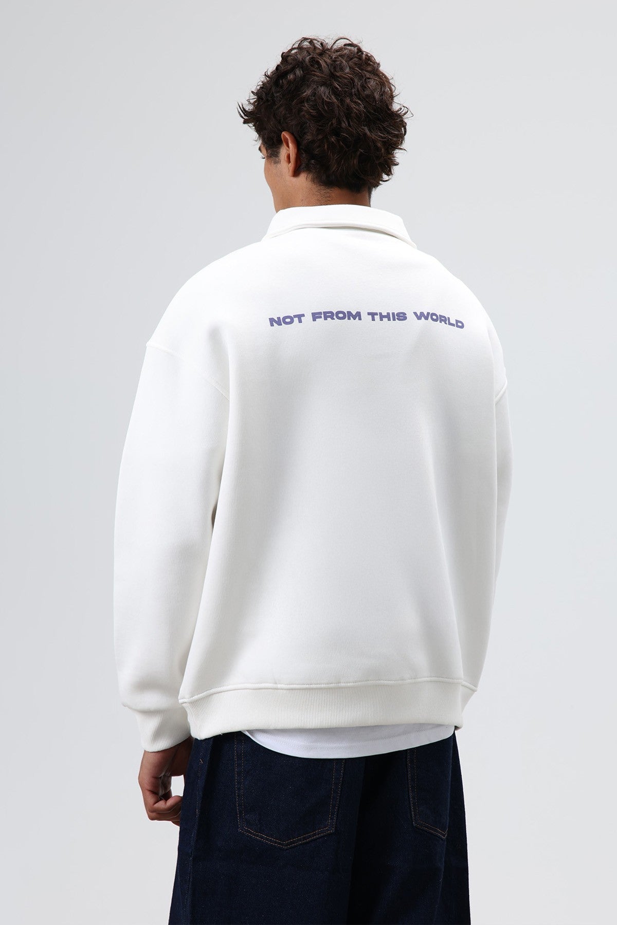 Oversized Printed Washed Sweatshirt with Polo Collar