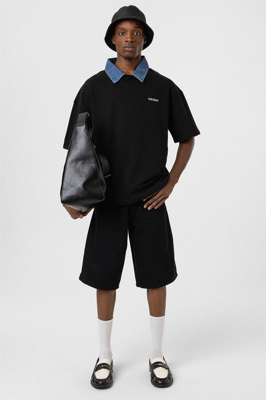 Oversized T-Shirt with Polo Collar and Embroidered Design