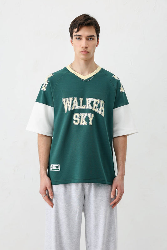 Oversized Ribbed V-Neck Printed T-Shirt