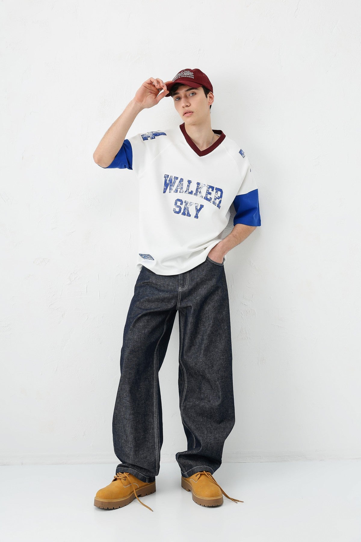 Oversized Ribbed V-Neck Printed T-Shirt