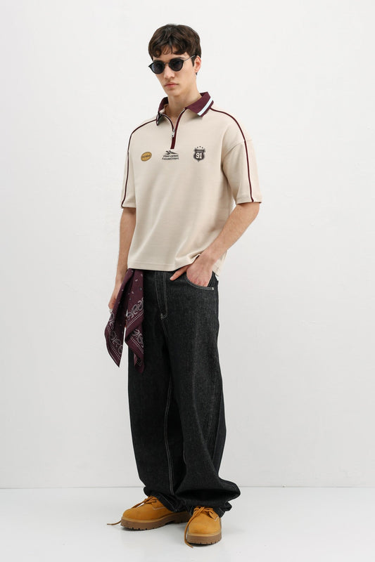 Oversized T-Shirt with Zipper Collar and Print
