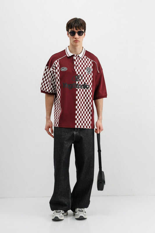 Oversized T-Shirt with Polo Collar Print