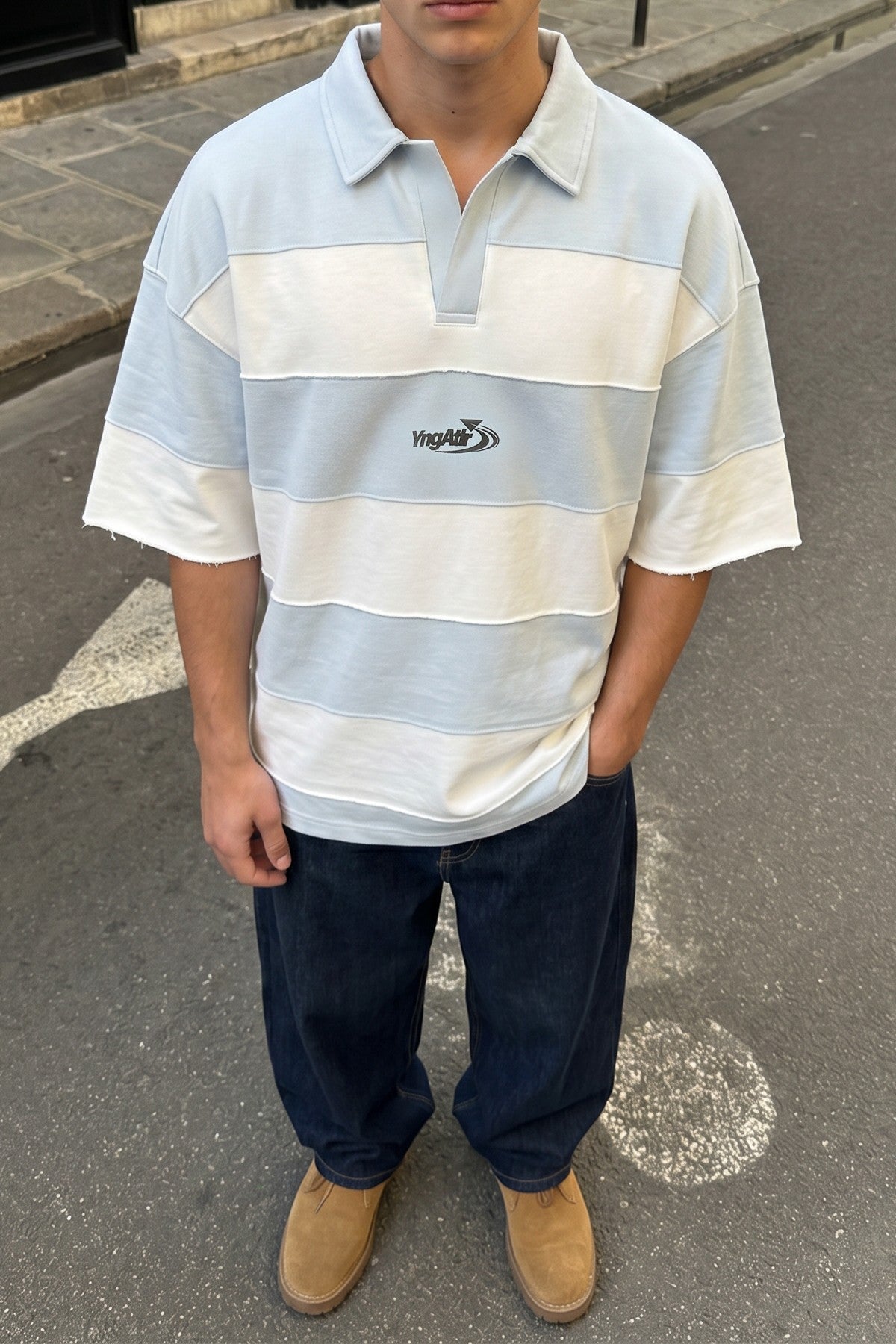 Oversized Rugby-Collar Striped T-Shirt