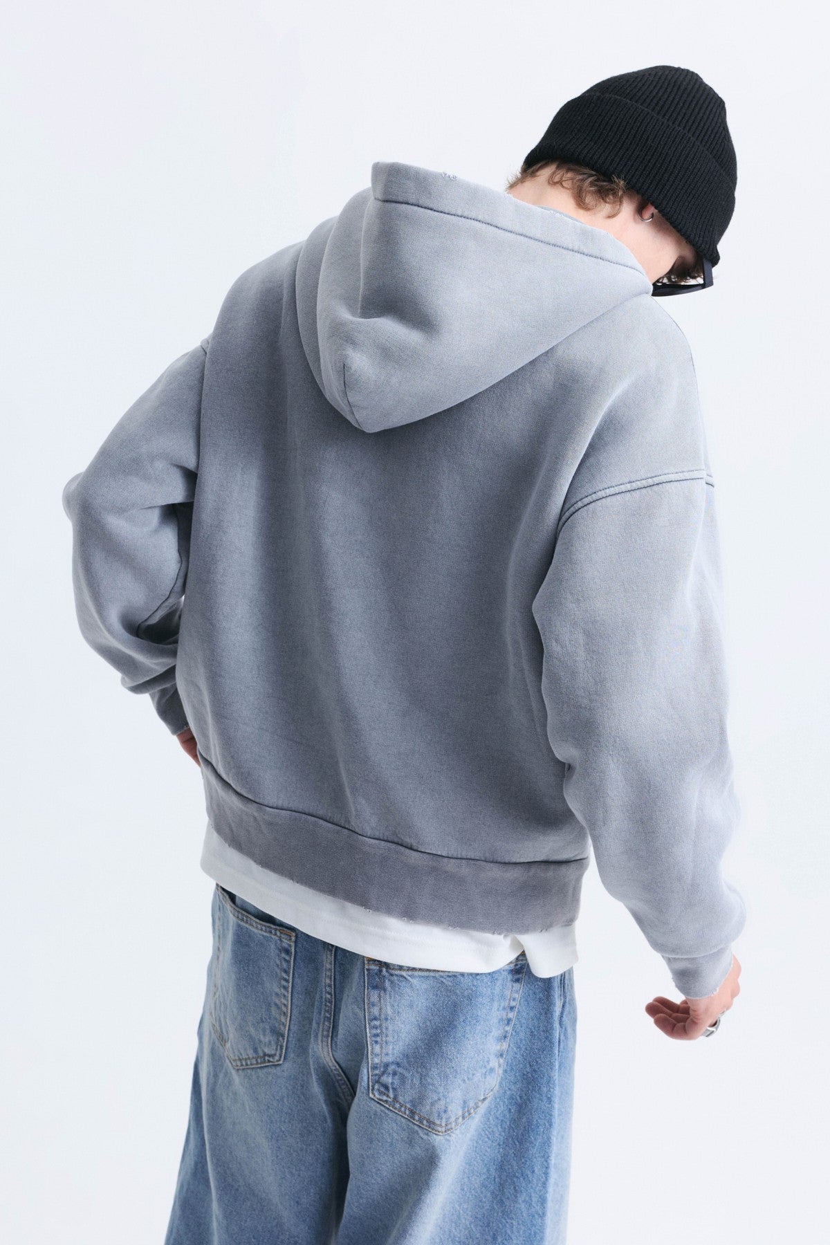 Boxy Fit Zipper-Front Hooded Sweatshirt