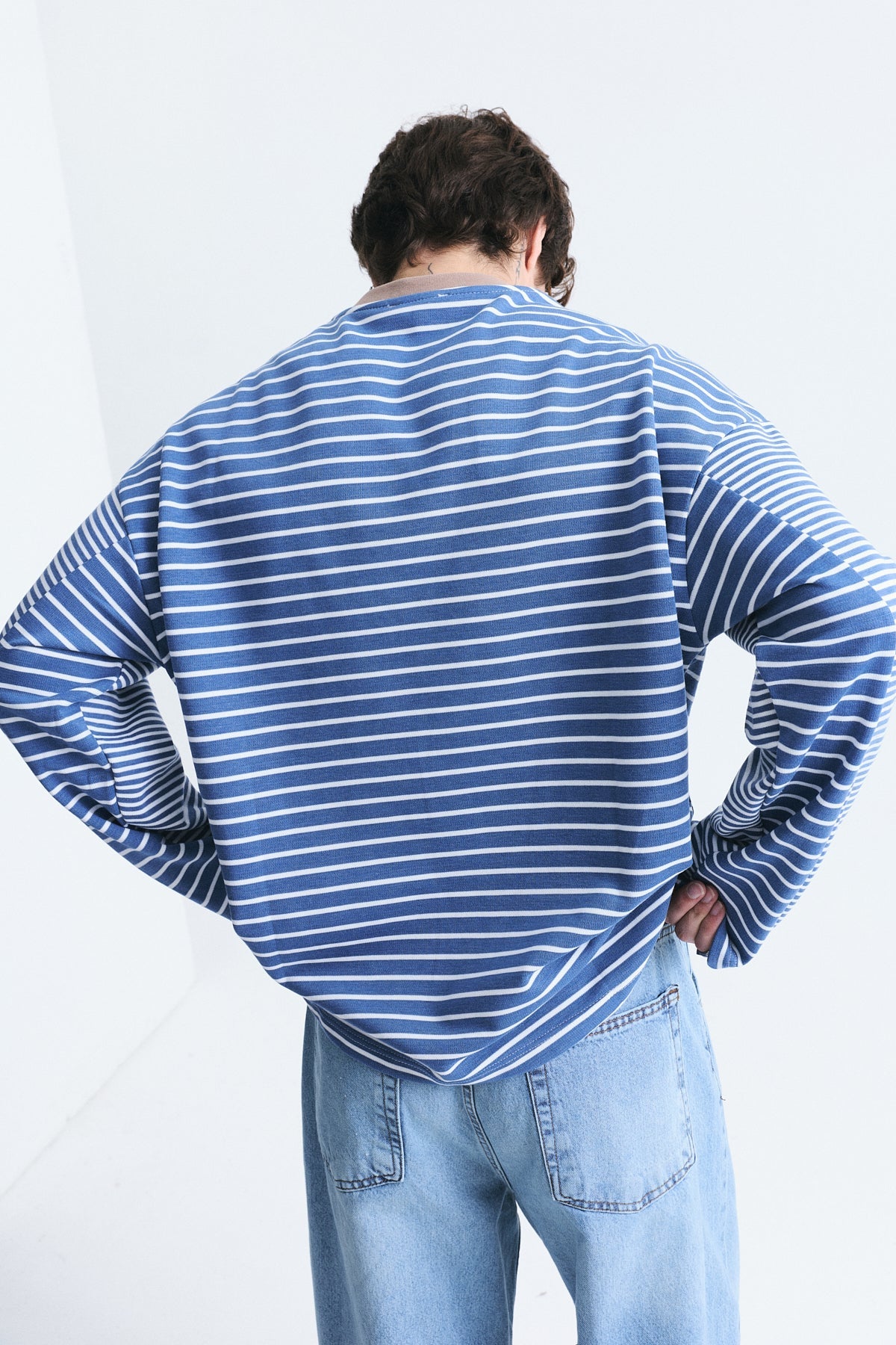 Contrast-Collar Striped Sweatshirt