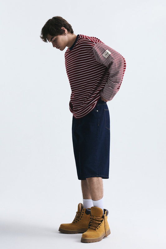 Contrast-Collar Striped Sweatshirt
