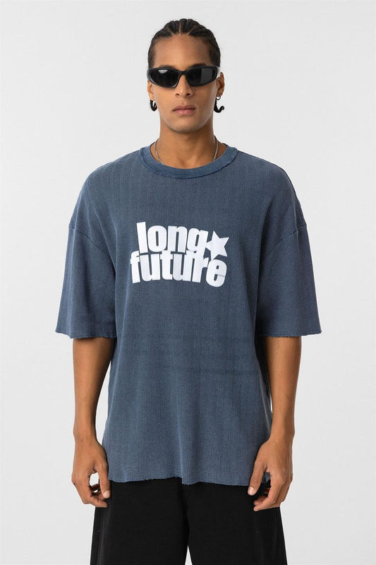 Oversized Washed Knit T-Shirt, Indigo