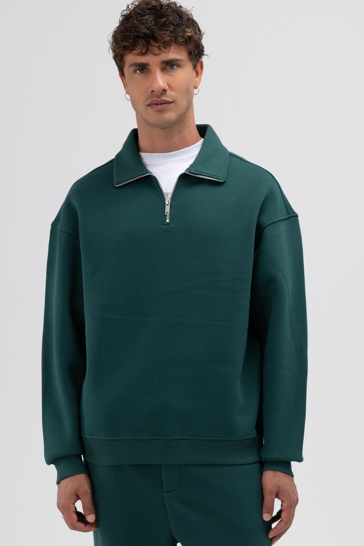 Oversized Zipper-Front Stand-Up Collar Sweatshirt