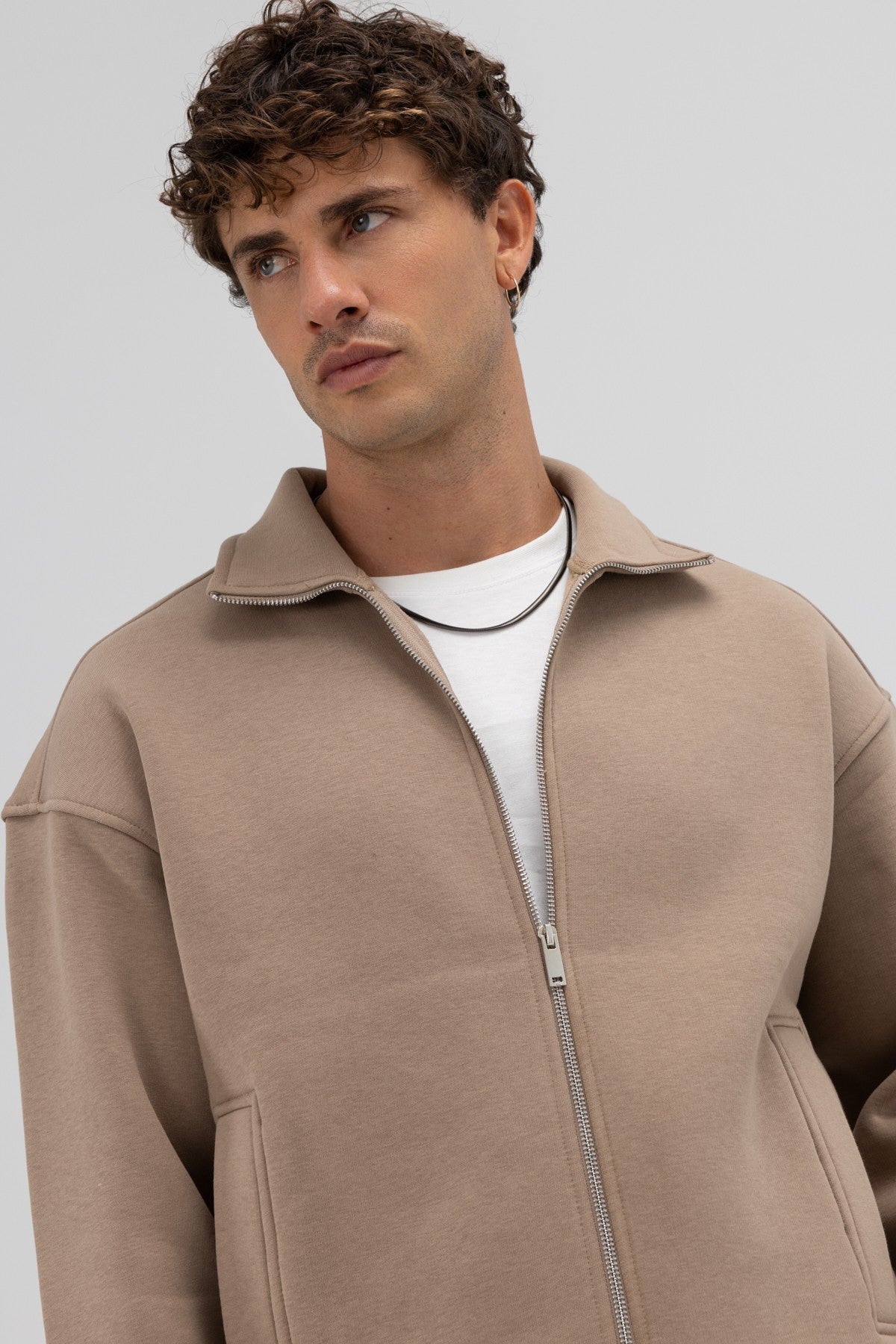 Oversized Stand-Up Collar Sweatshirt with Front Zipper