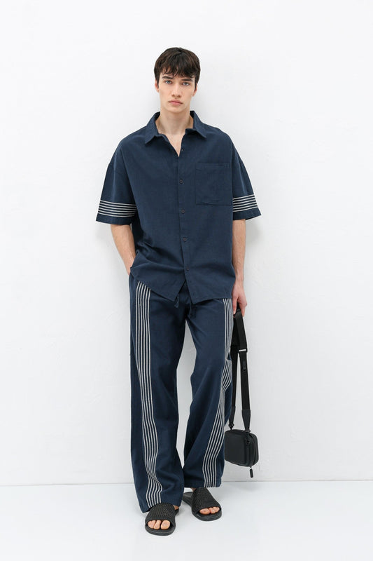Oversized Linen Set with Striped Details