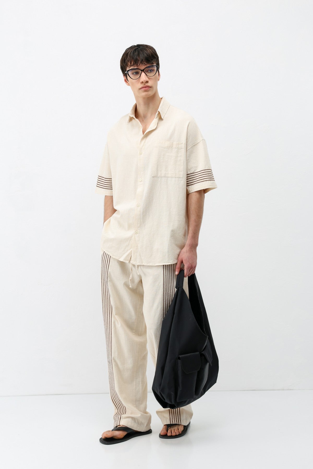 Oversized Linen Set with Striped Details
