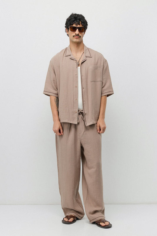 Embroidered Muslin Shirt and Wide-Leg Pants Set