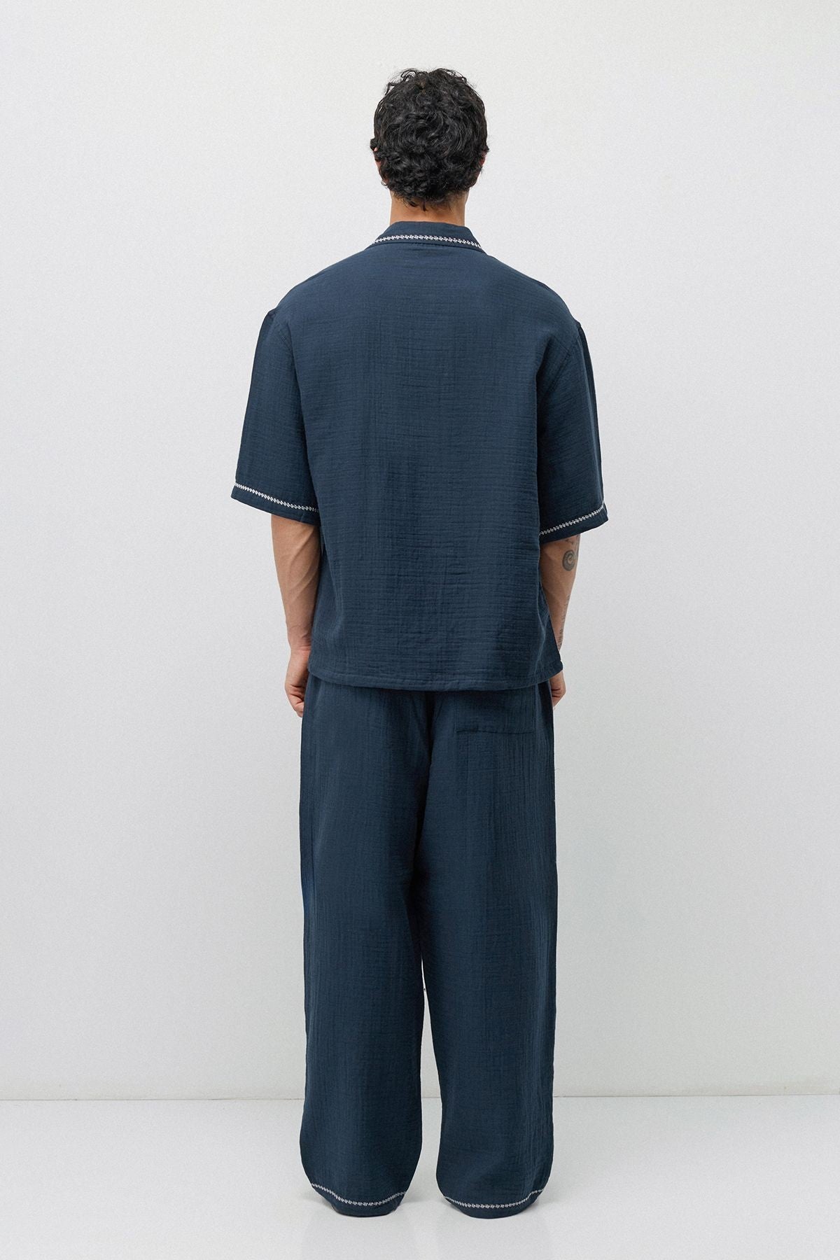 Embroidered Muslin Shirt and Wide-Leg Pants Set