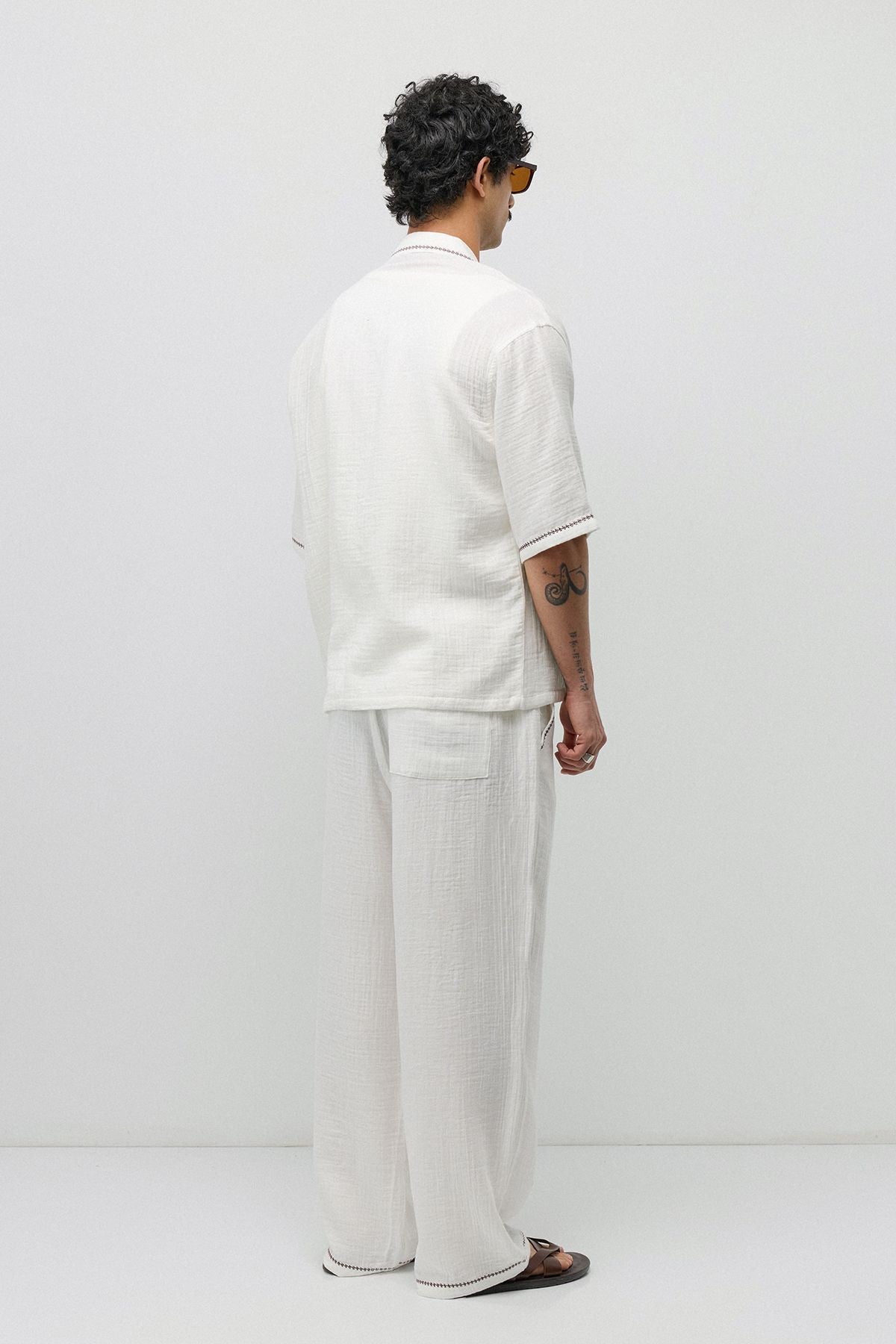 Embroidered Muslin Shirt and Wide-Leg Pants Set