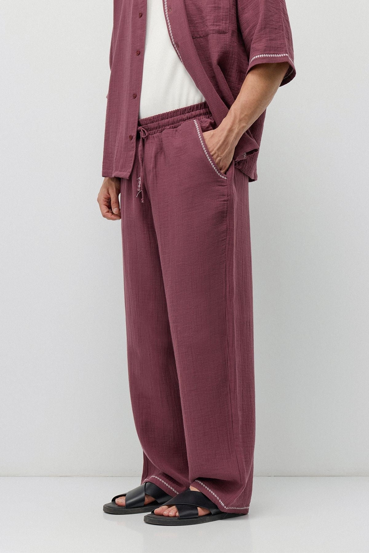 Embroidered Muslin Shirt and Wide-Leg Pants Set