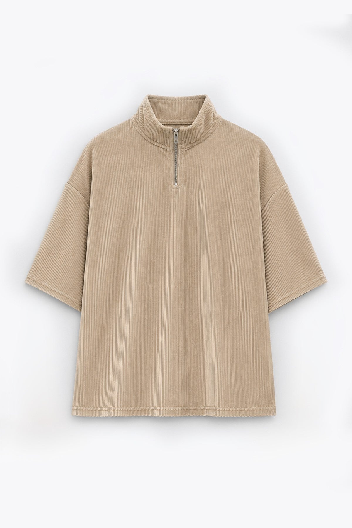 Oversized Ribbed T-Shirt with Half-Zip