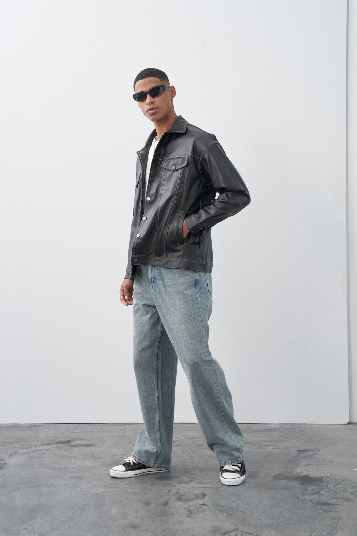 Oversized Leather Jacket with Black Stitching Details