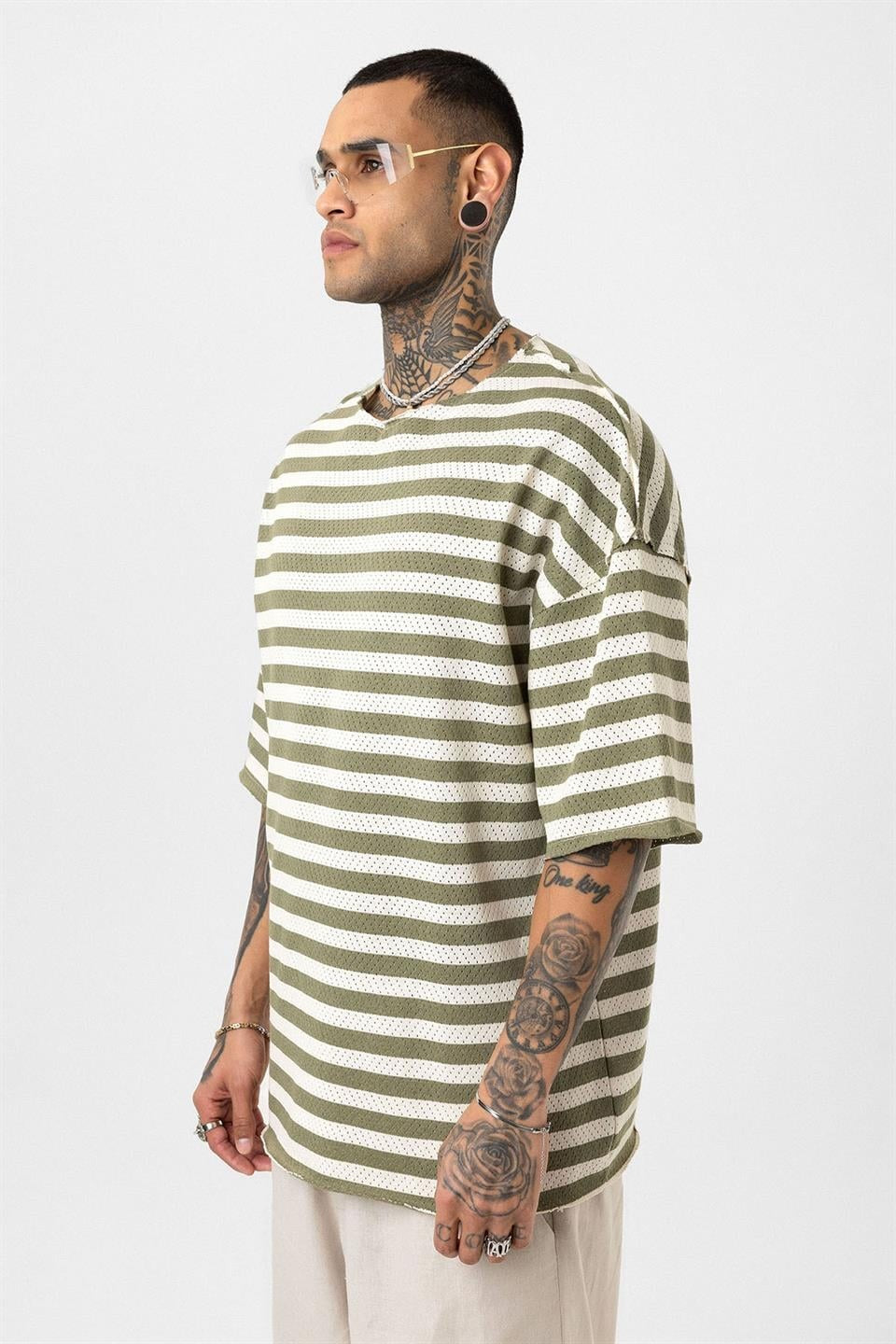 Striped Oversized Knit T-Shirt, Khaki