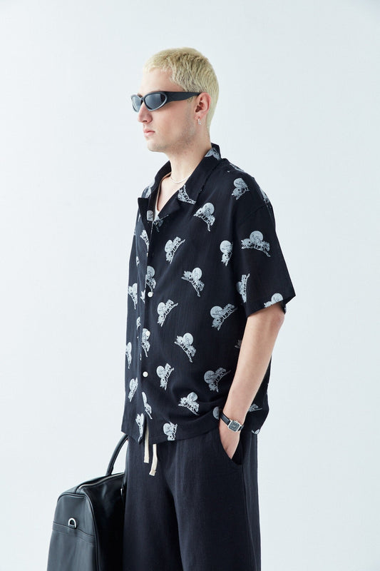 Patterned Short-Sleeve Oversized Shirt