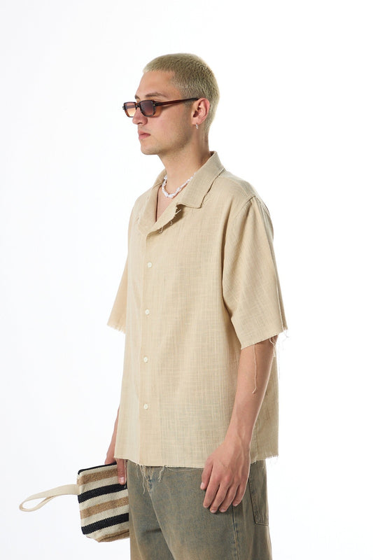 Seamless, Short-Sleeved, Pocketless, Oversized Linen Shirt