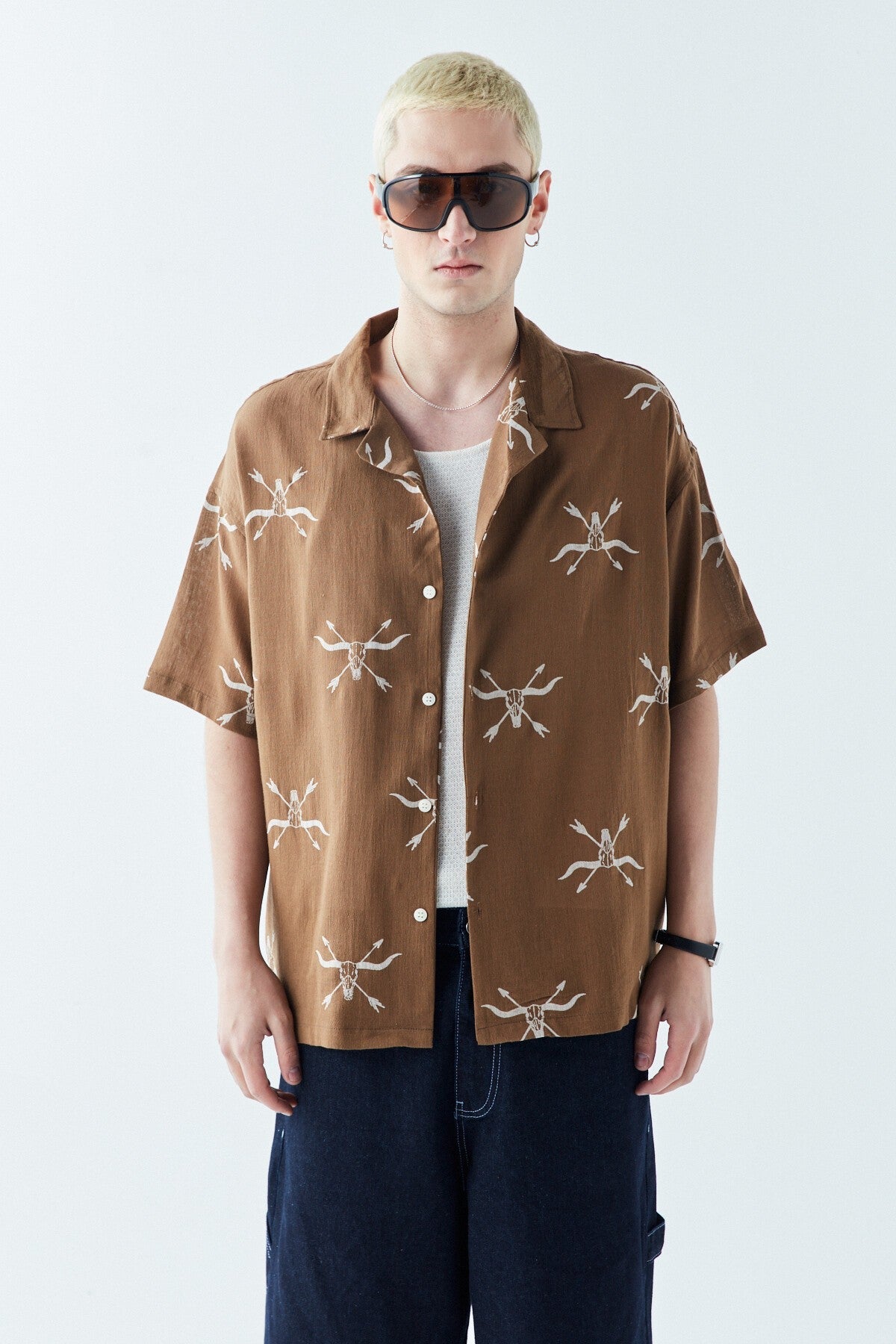 Patterned Short-Sleeve Oversized Shirt Without Pockets
