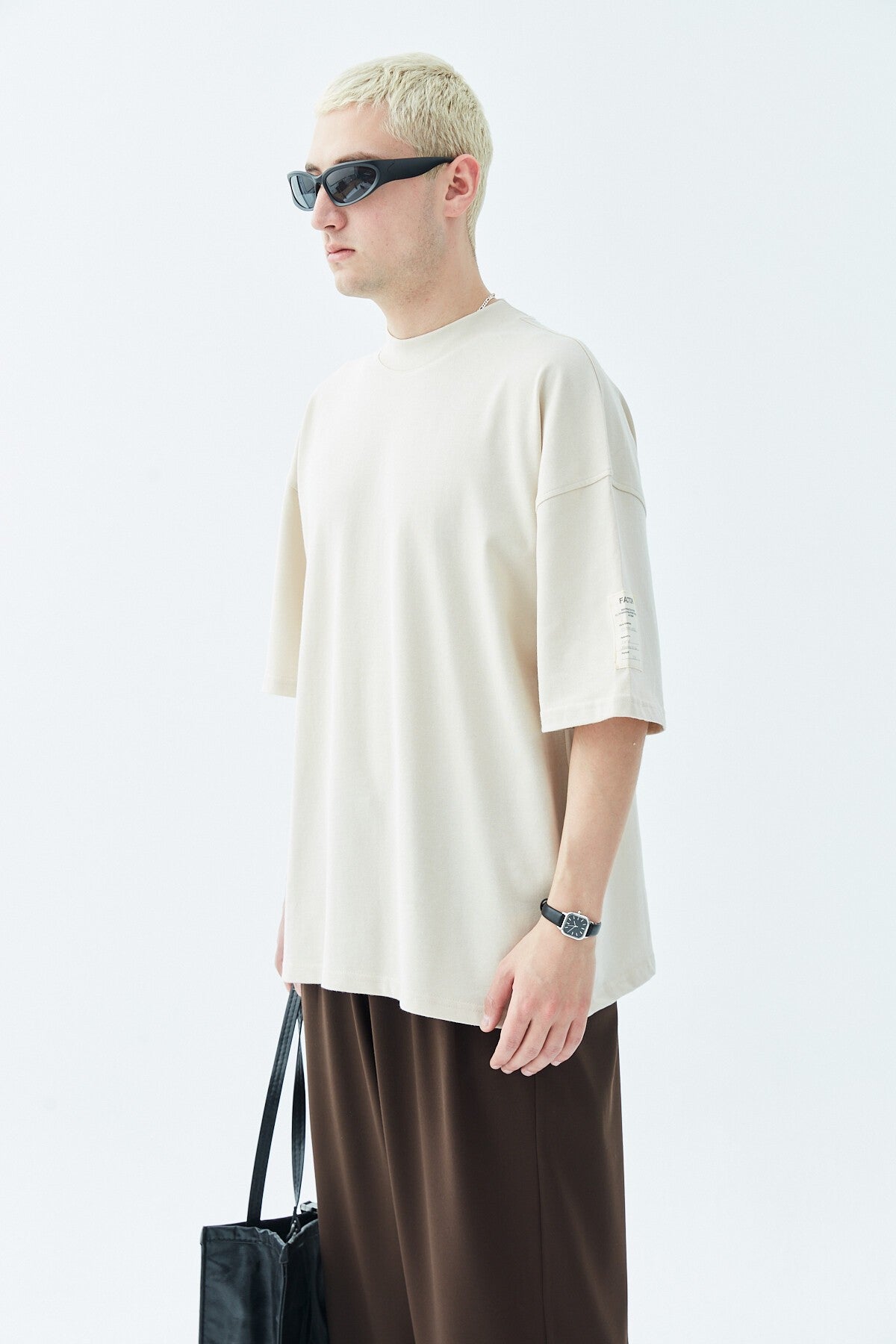 Oversized T-Shirt with Fisherman's Collar and Label Detail - Light Smoke
