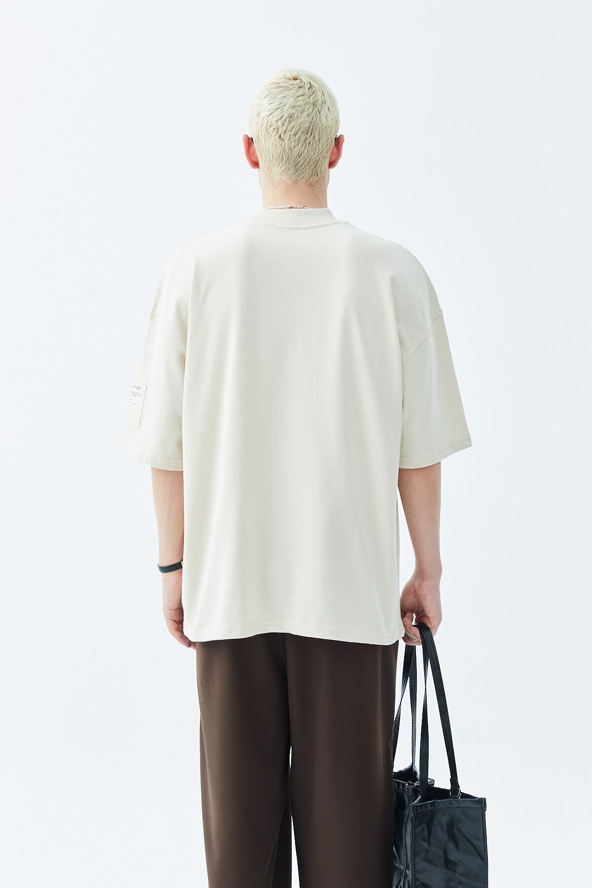 Oversized T-Shirt with Fisherman's Collar and Label Detail - Light Smoke