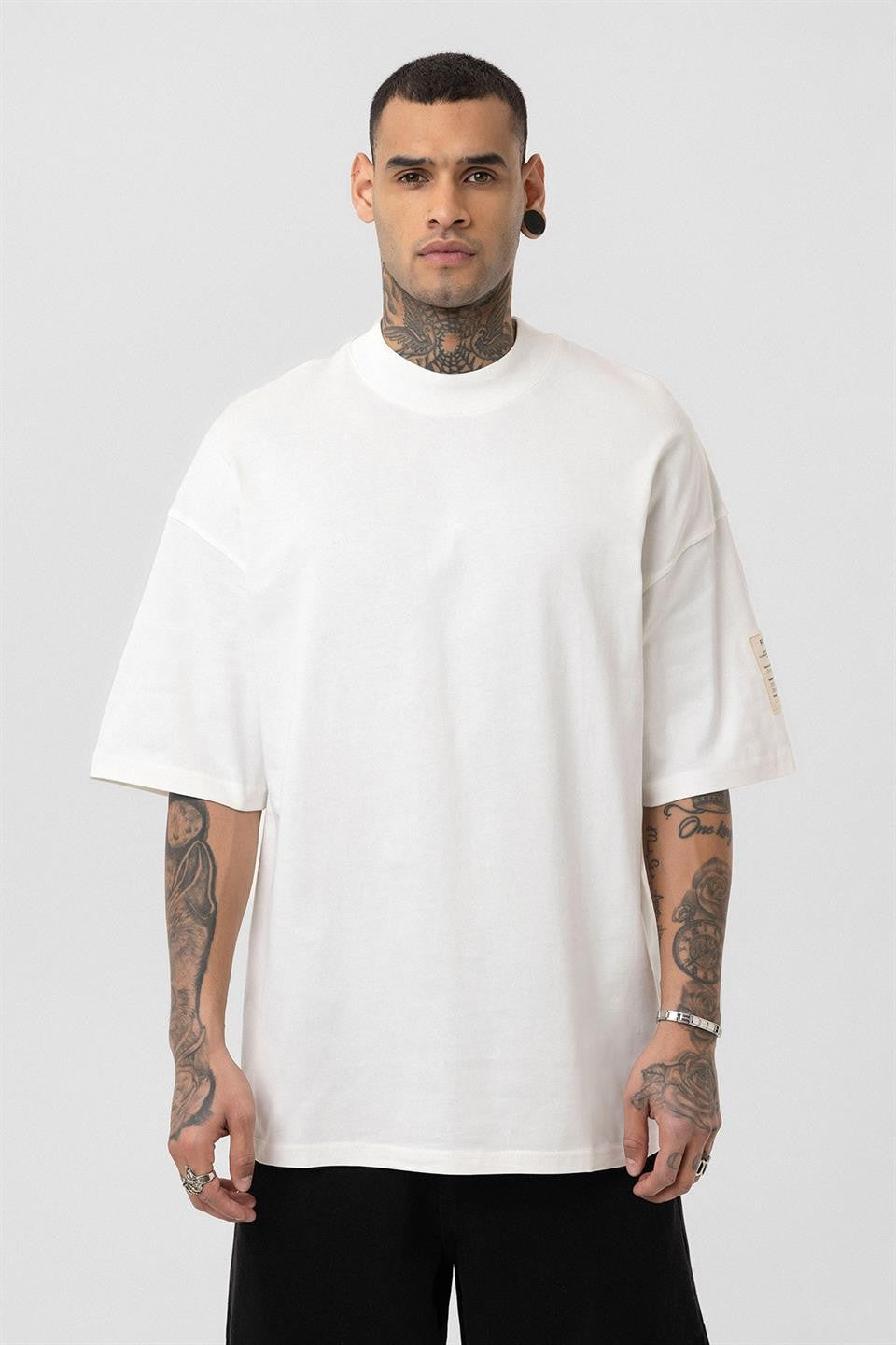 Oversized T-Shirt with Fisherman's Collar and Label Detail - Light Smoke