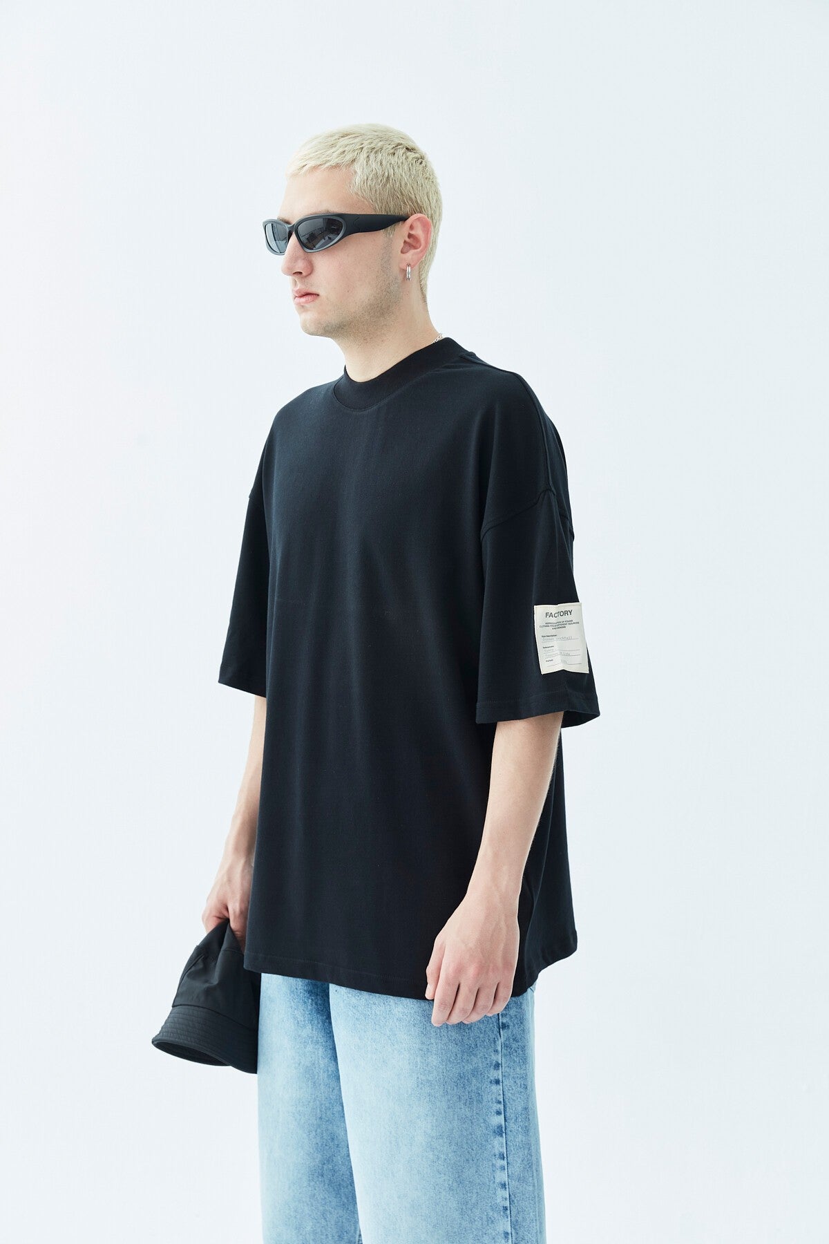 Oversized T-Shirt with Fisherman's Collar and Label Detail - Light Smoke