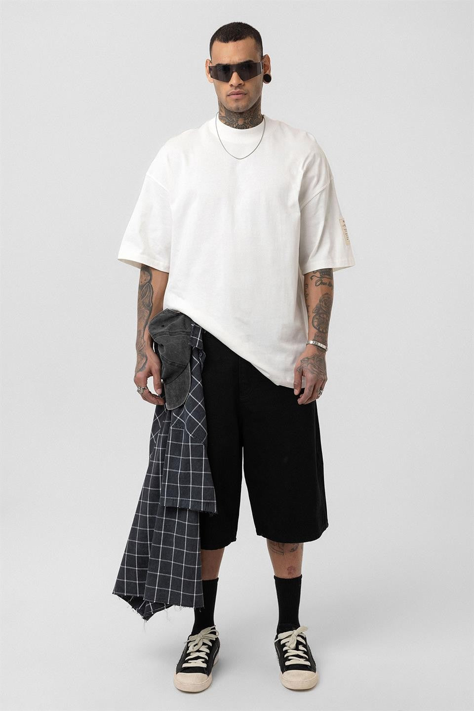 Oversized T-Shirt with Fisherman's Collar and Label Detail - Light Smoke