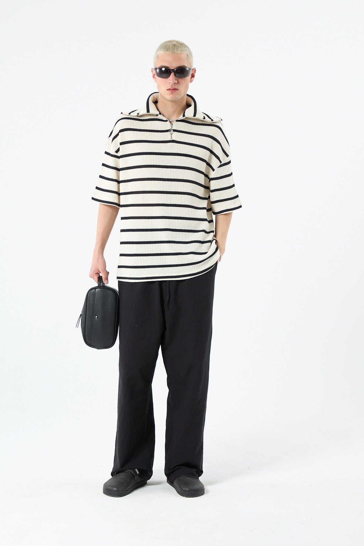 Oversized Striped Sweatshirt with Zipper Collar