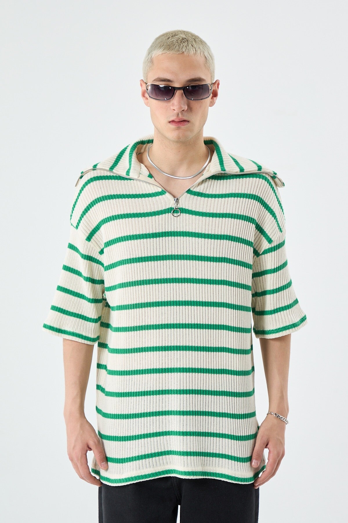 Oversized Striped Sweatshirt with Zipper Collar